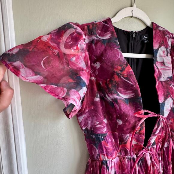 Lulus RSVP Magenta Floral Organza Tie-Front Midi Dress XS Cocktail Semi Formal - Picture 6 of 8